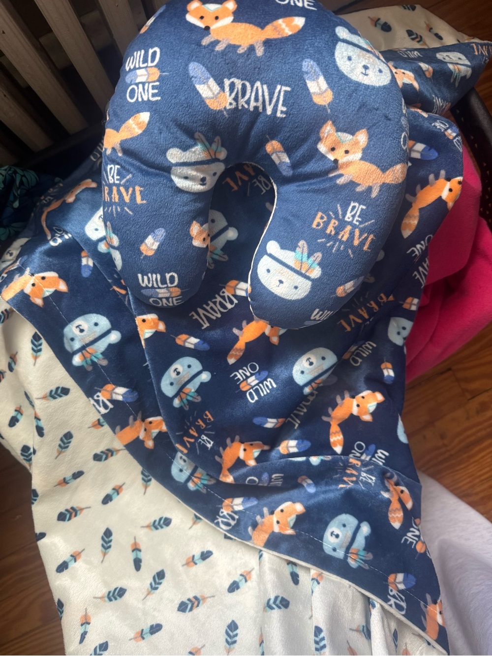 Navy Fox & Totem Travel Neck Pillow and Matching Blanket Set - 2 sided